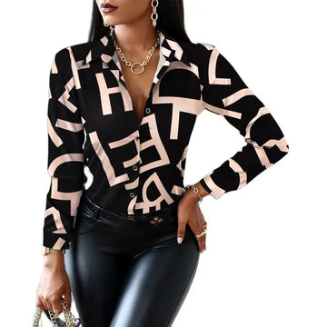 2024 Women Fashion Shirt Lady Long Sleeve Blouse Turn-down CollarButton Design Print Casual Shirts-belleandkai.com