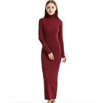 New Fashion Women Sexy Party Dress Knit Style Long Sleeve Turtleneck Winter Maxi Dress Slim Work Wear Office Dress Vestidos-belleandkai.com