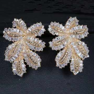2021 Luxury Large Leaf Drop Flower Micro Cubic Zirconia Paved Naija Wedding Party Earring for Women-belleandkai.com