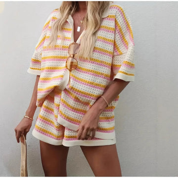 2025 Women's Summer New Style Casual Loose Lapel Hollow Fashion Striped Shorts Set Vacation Single Breakfast 2-piece Shorts Set-belleandkai.com