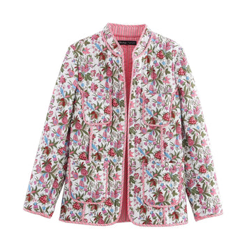 European and American style 2024 autumn new women's retro floral print stand collar long sleeve pocket decoration quilted cotton-belleandkai.com