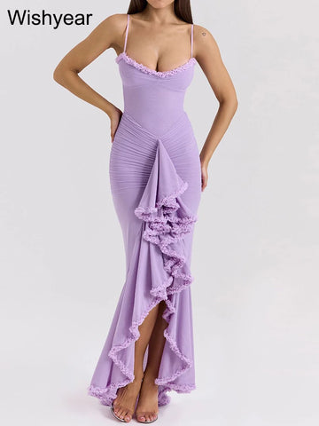 Wishyear Women Sexy Spaghetti Strap Ruffle Irregular Bodycon Long Dress Elegant Boho Beach Party Evening Prom Birthday Vestidos-belleandkai.com