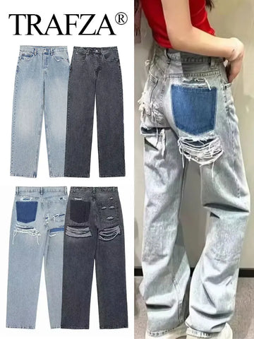 TRAFZA Jeans For Women 2024 Denim Solid Loose Zipper Fly Female Hole Trouser Pockets Wild Basic Commute Woman Wide Leg Long Pant-belleandkai.com