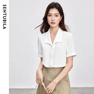 SENTUBILA Turn Down Collar Shirt Women Summer 2025 Twill Texture Chic Button Short Sleeve Elegant Solid Woman Blouse 152C87931-belleandkai.com
