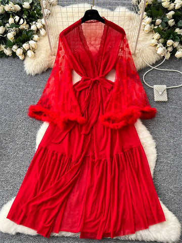 SINGREINY Women Elegant Sheer Sexy Cardigan Robes Wools Spliced Long Sleeve Shawls Fashion French Gauze Transparent Long Robes-belleandkai.com