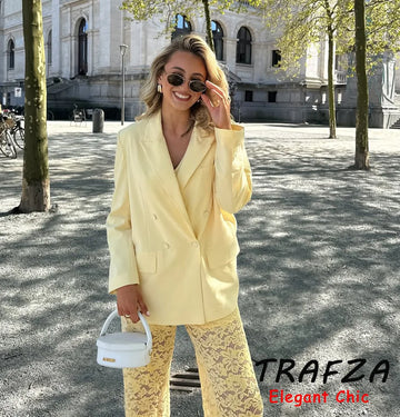 TRAFZA Elegant Yellow Blazer Women's Double-breasted Lapel Blazer Fashion High Street 2025 Spring Summer Holidays Commute Suit-belleandkai.com