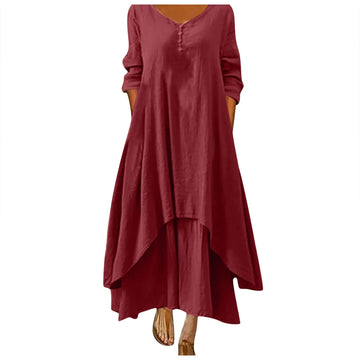 Cotton Women'S Casual Fashion Loose Long Dress With Button Solid Color Dresses-belleandkai.com