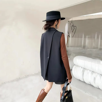 Vintage Sleeveless Blazer Vest Fashion OL Casual Lapel Suit Blazer 2025 Summer Women Office Double Breasted Suit Coats-belleandkai.com