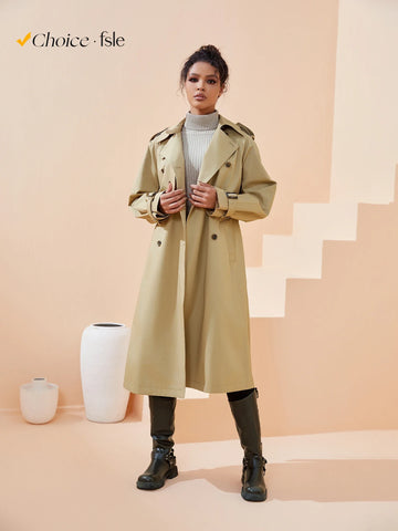 FSLE Women Trench Khaki Autumn Long Trench Coats Turn Down Collar Full Sleeve 100% Cotton Women Oversized Trench 24FS11325-belleandkai.com