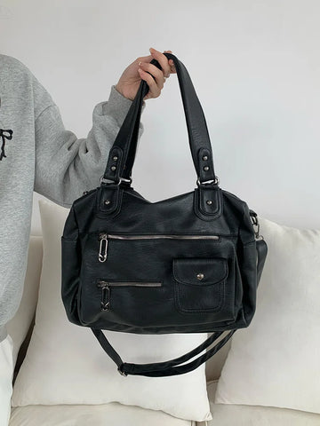 Classic Retro Business Trip Luggage Bag Travel Bag Large Capacity Portable Shoulder Tote Bag Multi-Zipper Motorcycle Crossbody Bag for Women-belleandkai.com