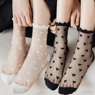 Women Transparent Black Heart Pattern Socks Ultra-thin Elastic Crystal Silk Socks Nylon Fashion Ladies Summer Short Ankle Socks-belleandkai.com
