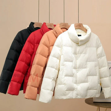 Autumn Winter Down Jacket For Women 2024 Solid Stand Collar Plaid Ultralight White Duck Down Coat Keep Warm Puffer Jacket Female-belleandkai.com