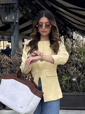 TRAFZA Female Autumn Fashion Yellow Blazer Long Sleeves Solid O Neck Single Breasted Casual Office Lady Outerwear Elegant Coats-belleandkai.com