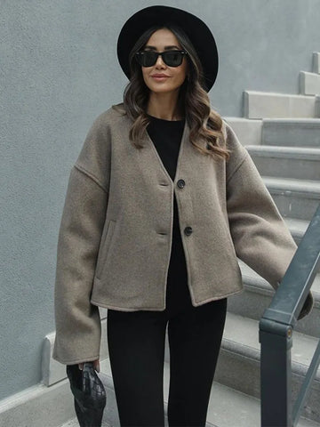 New Women's Coat Top Autumn Streetwear Fashion Button Long Sleeves Coat Solid Sexy V-Neck Casual Slim Versatile Female Clothing-belleandkai.com