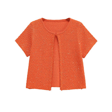 TRAFSHE Women's Fashion Summer Orange Knitwear Short Sleeve O-Neck One Button Sweater Top Knit Sequins Cardigan Women 9598092-belleandkai.com