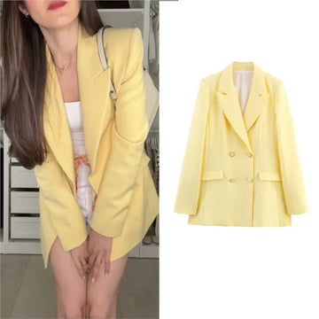 Fashion Yellow Blazer Woman Elegant Chic Pockets Double Buttons Long Sleeve Loose Coat 2025 New spring Office Lady Solid Suits-belleandkai.com
