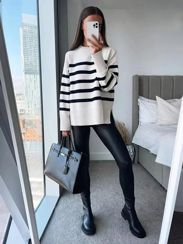 TRZA Fashion Oversized Striped Pullovers Women Knitted Basic Autumn Winter Loose-Fitting Thick Jumpers Sweaters Female Clothing-belleandkai.com