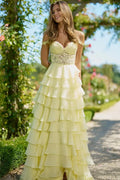 Jessica Sweetheart Yellow Evening Dresses Embroidered Organza Layering Prom Dresses A-line Princess Vestidos De FiestaCustomized-belleandkai.com