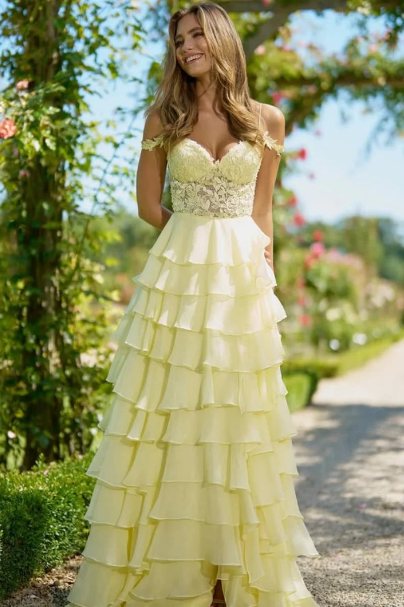Jessica Sweetheart Yellow Evening Dresses Embroidered Organza Layering Prom Dresses A-line Princess Vestidos De FiestaCustomized-belleandkai.com
