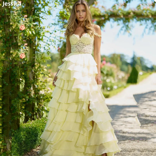 Jessica Sweetheart Yellow Evening Dresses Embroidered Organza Layering Prom Dresses A-line Princess Vestidos De FiestaCustomized-belleandkai.com
