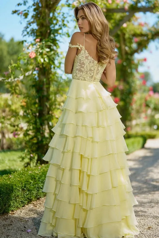Jessica Sweetheart Yellow Evening Dresses Embroidered Organza Layering Prom Dresses A-line Princess Vestidos De FiestaCustomized-belleandkai.com