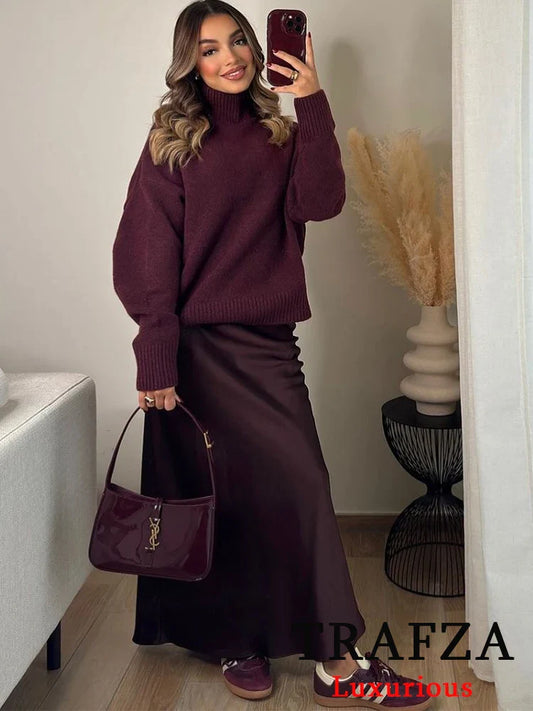 TRAFZA Vintage Chic Women Sweater Solid O-Neck Long Sleeve Knitted Loose Sweater Fashion 2025 Spring Casual Oversized Sweater-belleandkai.com