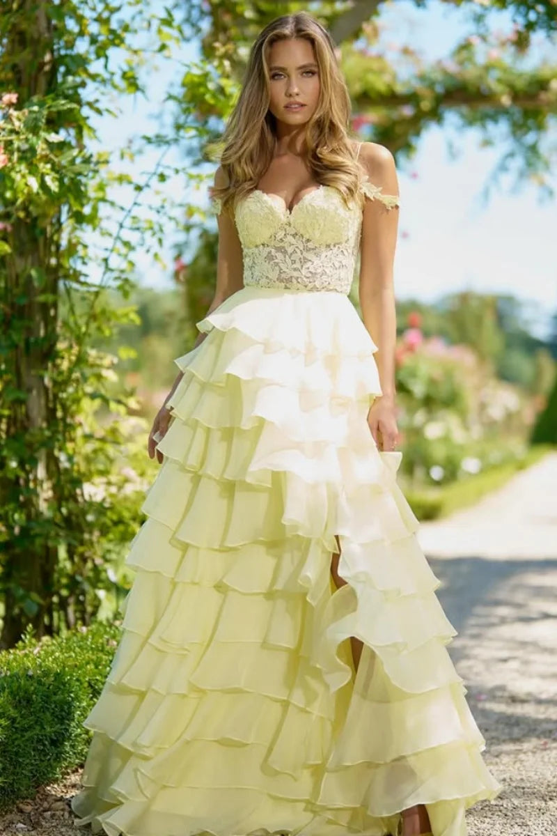 Jessica Sweetheart Yellow Evening Dresses Embroidered Organza Layering Prom Dresses A-line Princess Vestidos De FiestaCustomized-belleandkai.com