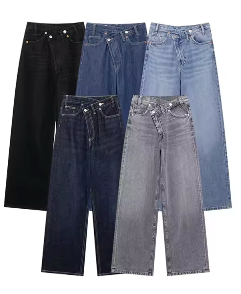 Women's Basic Hundred Jeans New Fashion Asymmetric Design High Waist Wide Leg Trousers Casual Women's Straight Leg Jeans-belleandkai.com