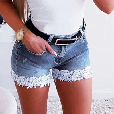 Women Slim Denim Shorts Stretch Lace Stitching Jeans Shorts Ladies Casual Regular Short-belleandkai.com