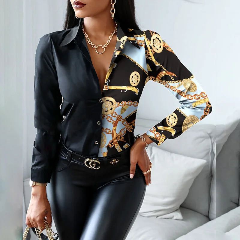 2024 Women Fashion Shirt Lady Long Sleeve Blouse Turn-down CollarButton Design Print  Casual Shirts-belleandkai.com