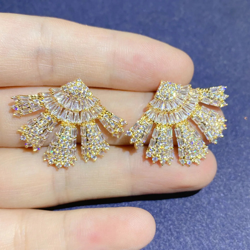2021 Luxury Large Leaf Drop Flower Micro Cubic Zirconia Paved Naija Wedding Party Earring for Women-belleandkai.com
