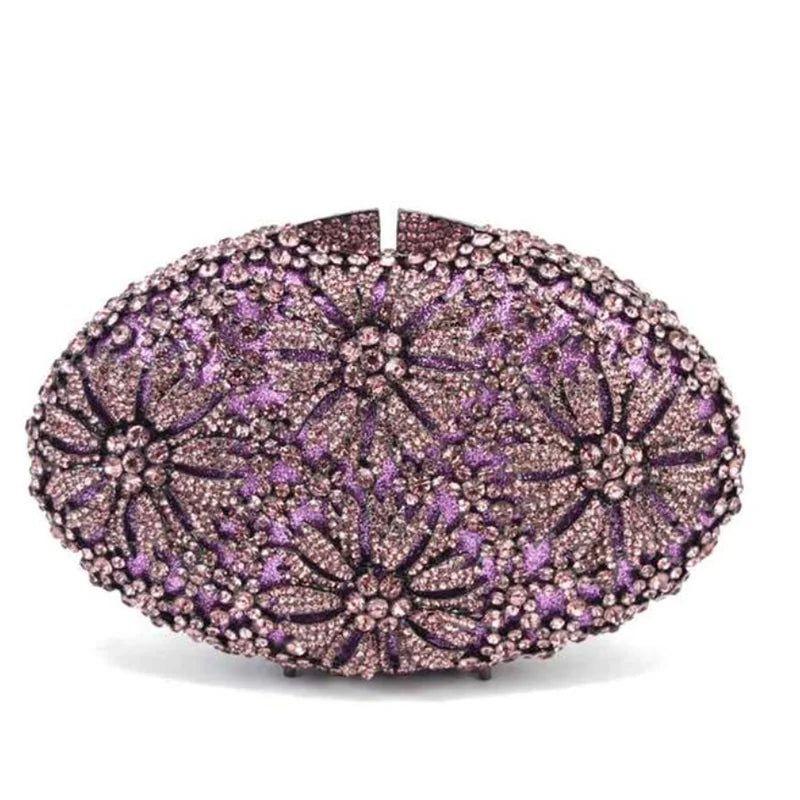 Gold Diamond Flower Evening Clutch Purse Oval Shape Rhinestone Crystal Wedding Bridal Clutches Luxury Phone Handbags-belleandkai.com