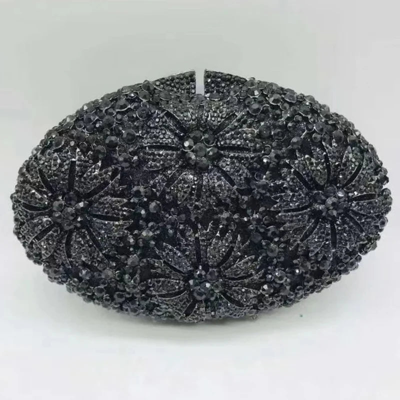 Gold Diamond Flower Evening Clutch Purse Oval Shape Rhinestone Crystal Wedding Bridal Clutches Luxury Phone Handbags-belleandkai.com