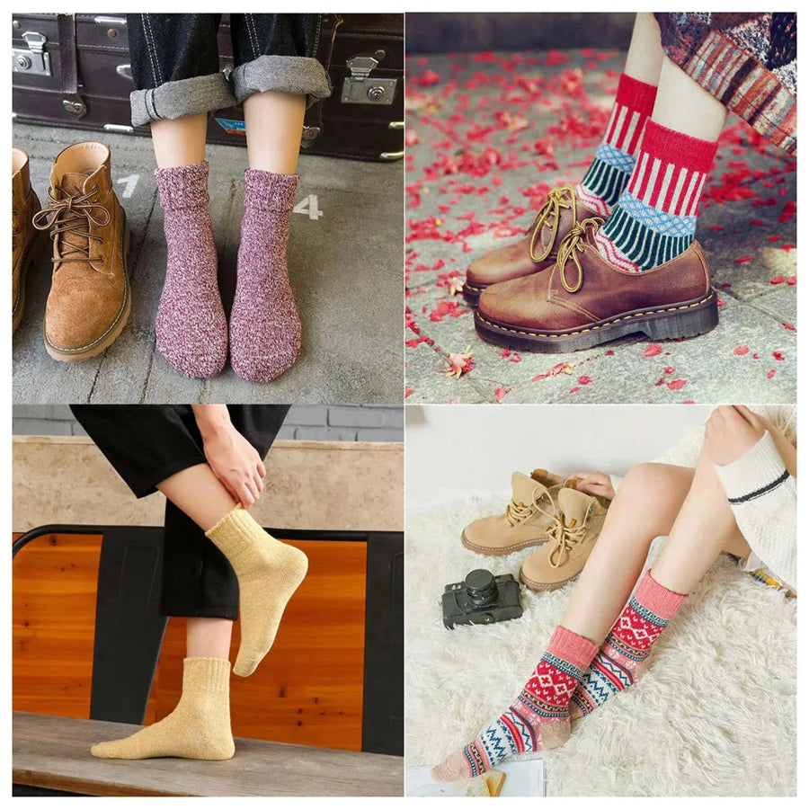 5 Pairs/Lot Wool Socks Women Winter Japanese Harajuku  Bohemian Cashmere Warm Colorful Socks Ladies Girl Christmas Gift 5 Styles-belleandkai.com