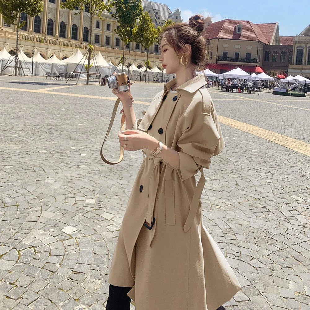 2025 Fashion Women Trench Coat Beige Blue Long Double-Breasted With Belt Spring Autumn Lady Coat Female Korean Loose Outerwear-belleandkai.com