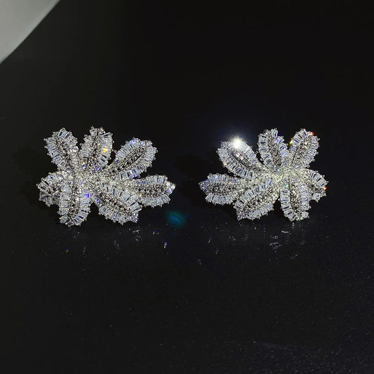 2021 Luxury Large Leaf Drop Flower Micro Cubic Zirconia Paved Naija Wedding Party Earring for Women-belleandkai.com