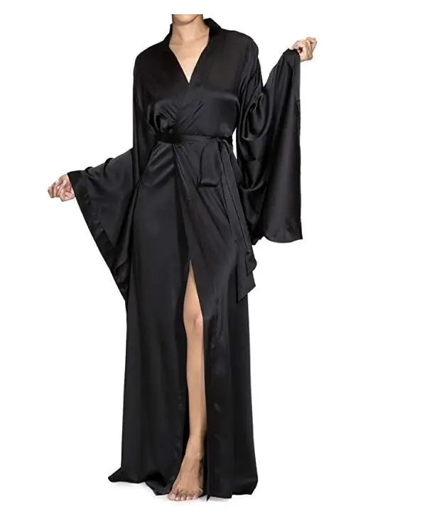 2019 New Solid Robes Women Black Red Long Sleeve Nightgown Ladies Girls Silk Satin Smooth Spring Lace Sleepwear Female Bathrobe-belleandkai.com