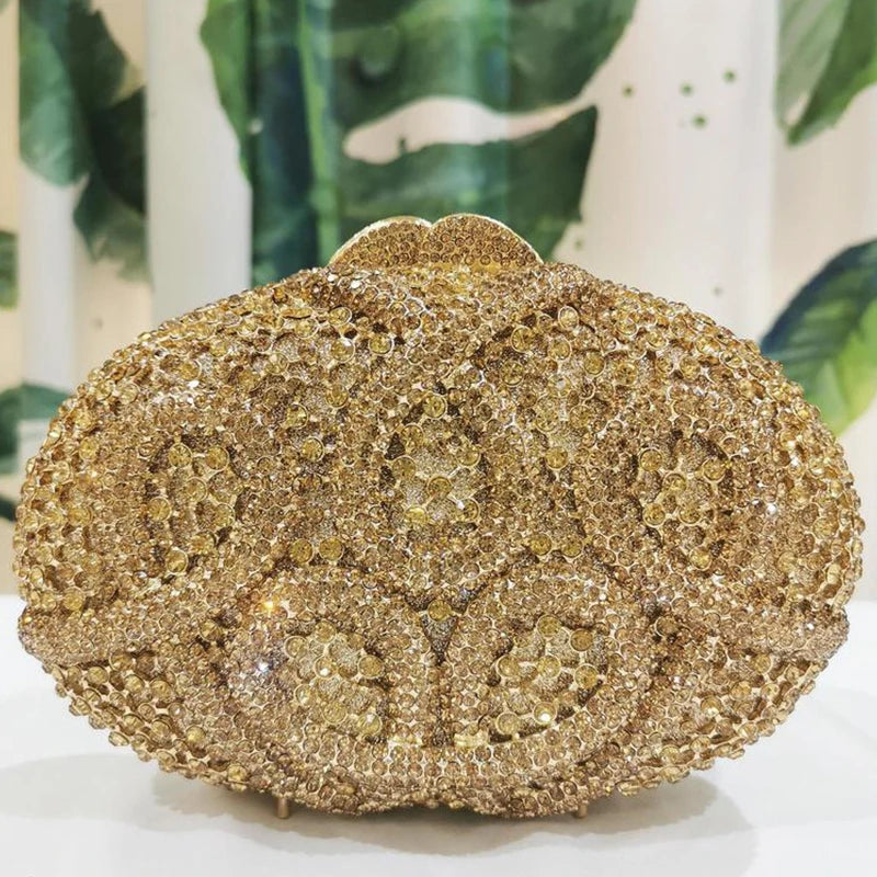 Gold Diamond Flower Evening Clutch Purse Oval Shape Rhinestone Crystal Wedding Bridal Clutches Luxury Phone Handbags-belleandkai.com