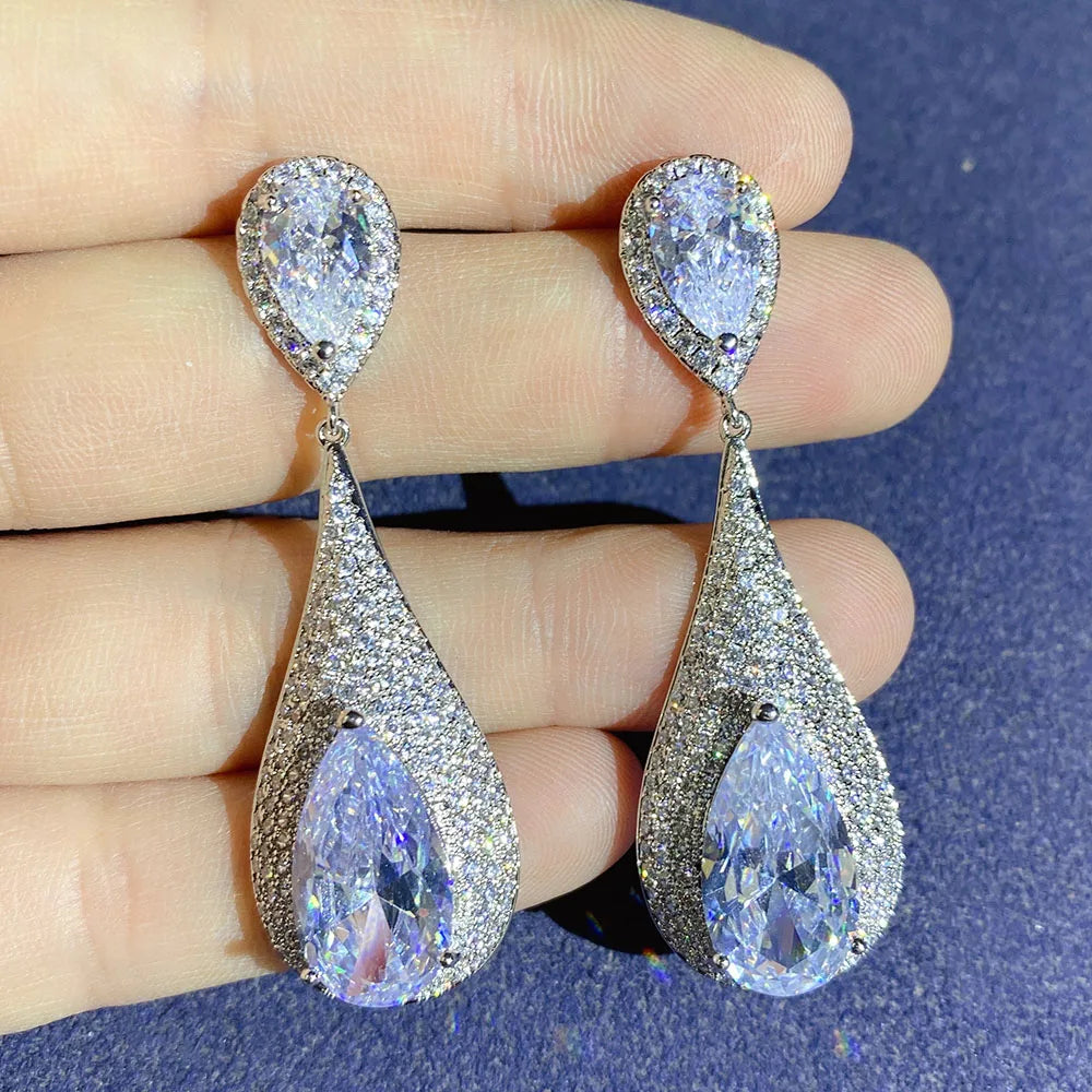 2021 Luxury Large Leaf Drop Flower Micro Cubic Zirconia Paved Naija Wedding Party Earring for Women-belleandkai.com