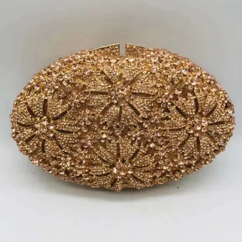 Gold Diamond Flower Evening Clutch Purse Oval Shape Rhinestone Crystal Wedding Bridal Clutches Luxury Phone Handbags-belleandkai.com
