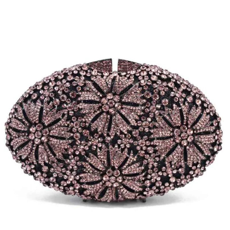 Gold Diamond Flower Evening Clutch Purse Oval Shape Rhinestone Crystal Wedding Bridal Clutches Luxury Phone Handbags-belleandkai.com