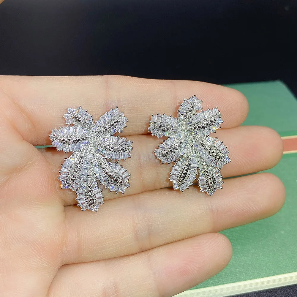 2021 Luxury Large Leaf Drop Flower Micro Cubic Zirconia Paved Naija Wedding Party Earring for Women-belleandkai.com