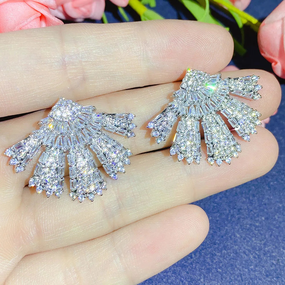 2021 Luxury Large Leaf Drop Flower Micro Cubic Zirconia Paved Naija Wedding Party Earring for Women-belleandkai.com