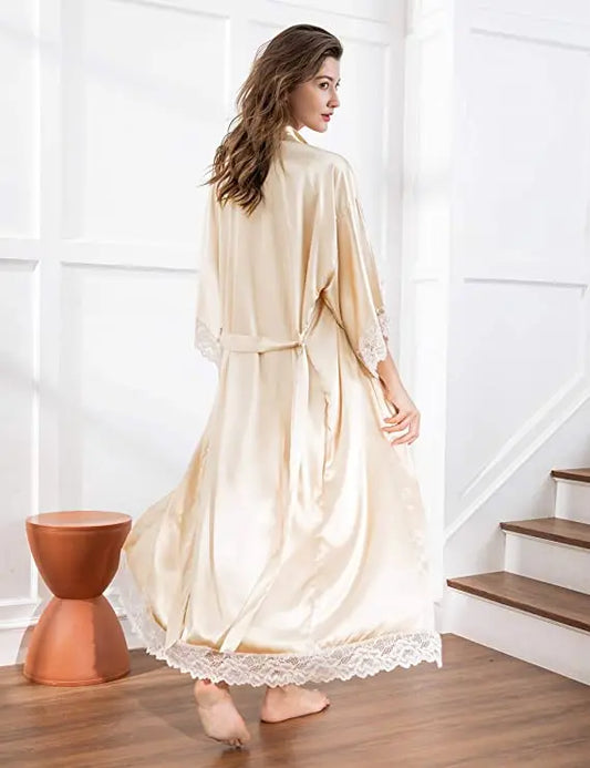 2019 New Silk Satin Lace Robes Bridesmaid Bride Robes Wedding Long Robe Bathrobe Womens Robe Lingerie Robe-belleandkai.com