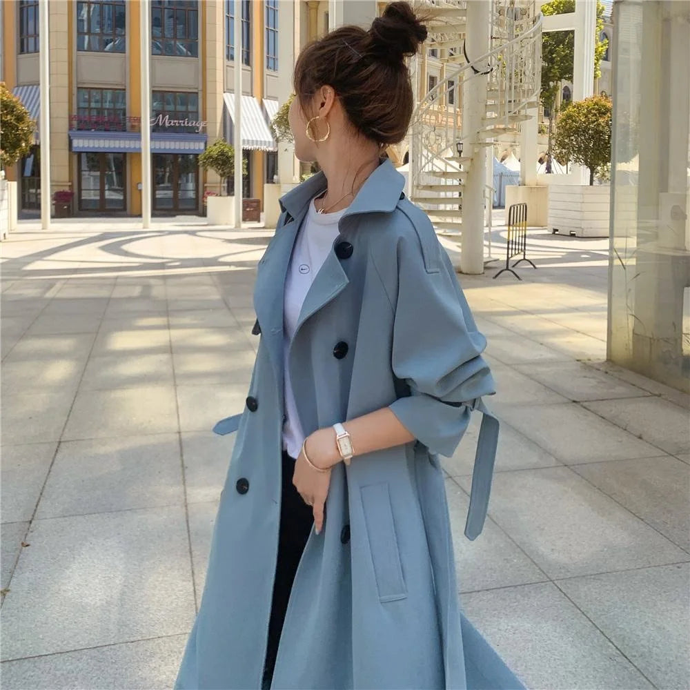 2025 Fashion Women Trench Coat Beige Blue Long Double-Breasted With Belt Spring Autumn Lady Coat Female Korean Loose Outerwear-belleandkai.com