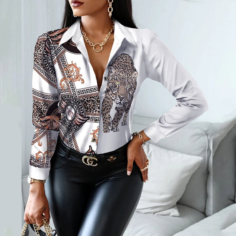 2024 Women Fashion Shirt Lady Long Sleeve Blouse Turn-down CollarButton Design Print  Casual Shirts-belleandkai.com