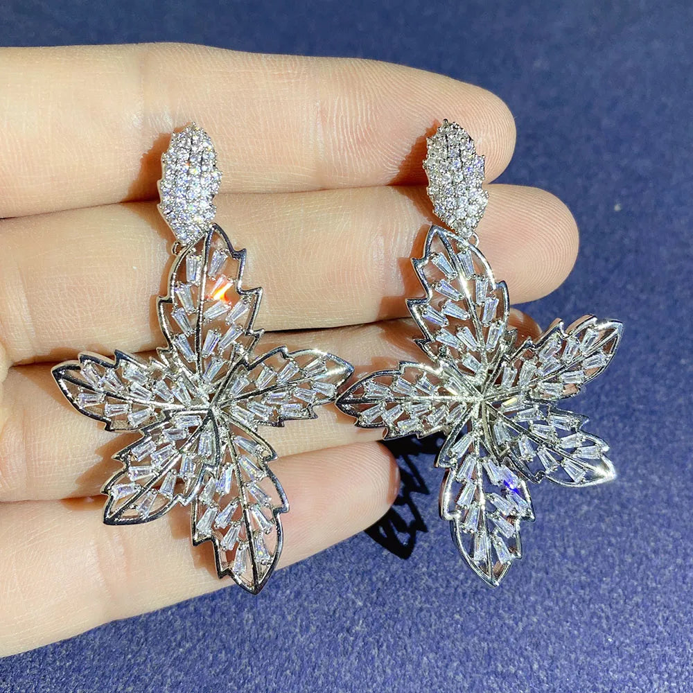 2021 Luxury Large Leaf Drop Flower Micro Cubic Zirconia Paved Naija Wedding Party Earring for Women-belleandkai.com