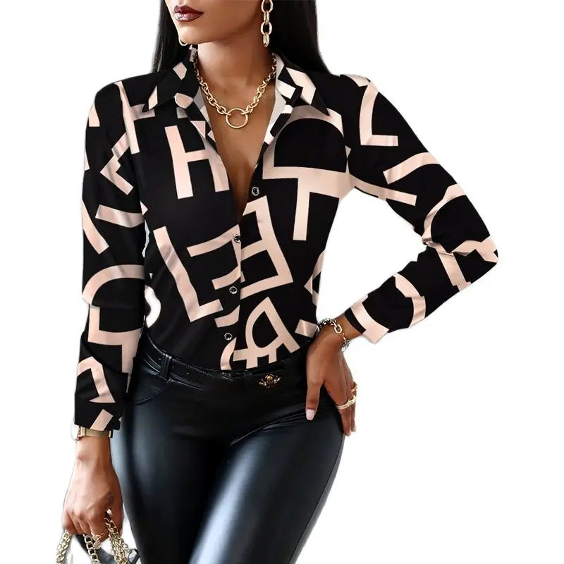 2024 Women Fashion Shirt Lady Long Sleeve Blouse Turn-down CollarButton Design Print  Casual Shirts-belleandkai.com