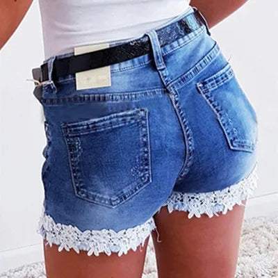 Women Slim Denim Shorts Stretch Lace Stitching Jeans Shorts Ladies Casual Regular Short-belleandkai.com