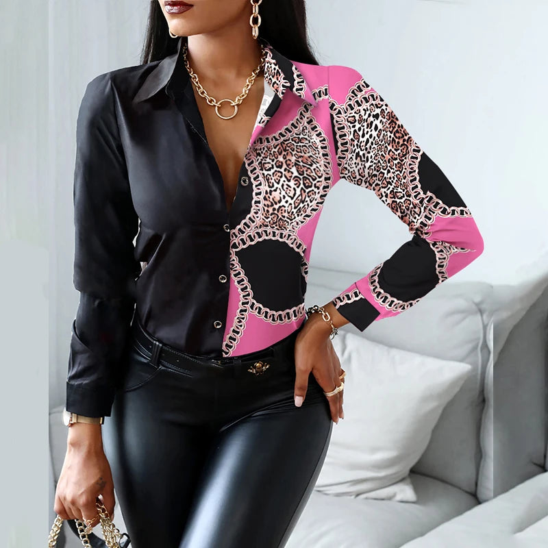2024 Women Fashion Shirt Lady Long Sleeve Blouse Turn-down CollarButton Design Print  Casual Shirts-belleandkai.com
